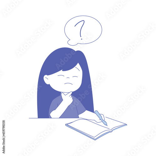 Puzzled Girl First Grader at Table Doing Homework Asking Question Vector Illustration
