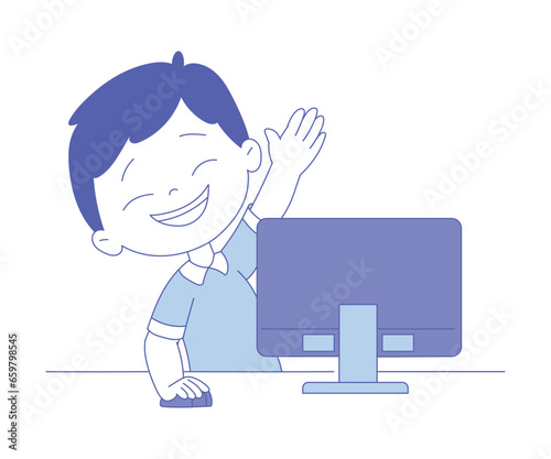 Boy First Grader Sitting at Desk in Front of Computer Having Online Lesson Vector Illustration