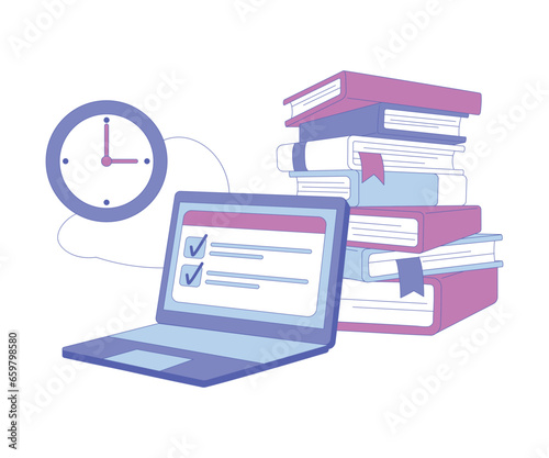 Online Education with Laptop and Pile of Books Vector Illustration