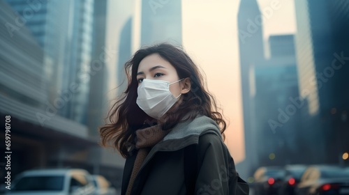 Woman wearing face mask because of air pollution in the city. Environmental pollution.