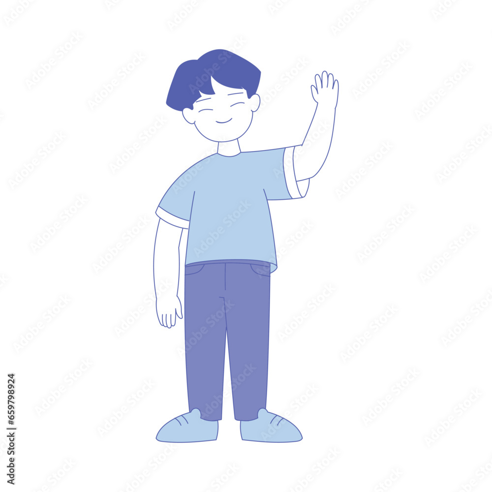 Boy First Grader Standing with Raised Arm and Smiling Vector Illustration Boy First Grader Standing with Raised Arm and Smiling Vector Illustration