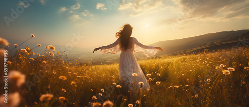 Happy Woman in White Dress Embracing Spirituality