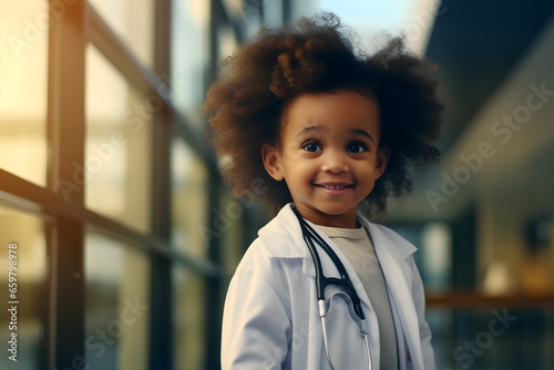 a cheerful young black boy with an infectious smile proudly wears a stethoscope around his neck, embodying the spirit of aspiration and care. 