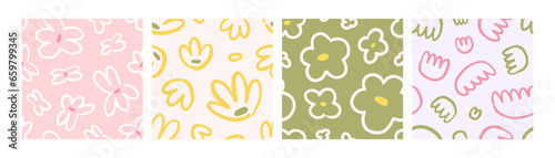 Doodle flowers, seamless patterns designs. Endless abstract floral backgrounds, repeating print in naive kids scribble style. Nature textures for wrapping, wallpaper, fabric. Flat vector illustrations