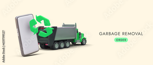 Advertising garbage removal services. Garbage truck, phone, green recycling sign. Care for environment. Vector concept for social networks. Color template