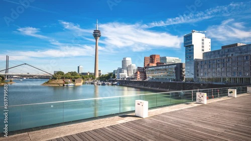 Dusseldorf city skyline aerial view hyperlapse  with view on media harbor, Germany. Timelapse view 4K.