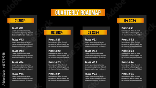 Horizontal roadmap milestones on black background. Timeline infographic template for business presentation. Vector.