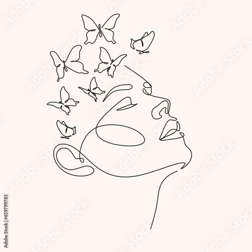 Abstract face with butterfly by one line drawing. Butterfly Line Art. Portrait minimalistic style.  Botanical print. Nature symbol of cosmetics. 
Fashion print. Beaty salon art