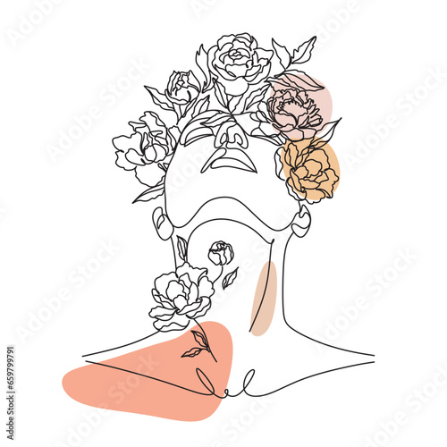 Woman Line Art Minimalist Logo. Nature Organic Cosmetics Makeup. Flower head Feminine Illustration line drawing. Woman face with flowers line