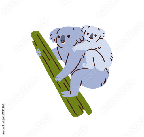 Mother and baby koala bears. Cute funny mom and kid, Australian animal family...