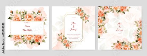 Orange rose luxury wedding invitation with golden line art flower and botanical leaves, shapes, watercolor