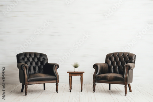 Two black armchairs before a white wall