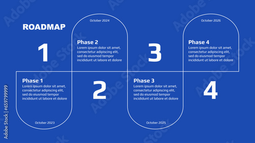Roadmap with winding stages on blue background. Horizontal infographic timeline template for business presentation. Vector.