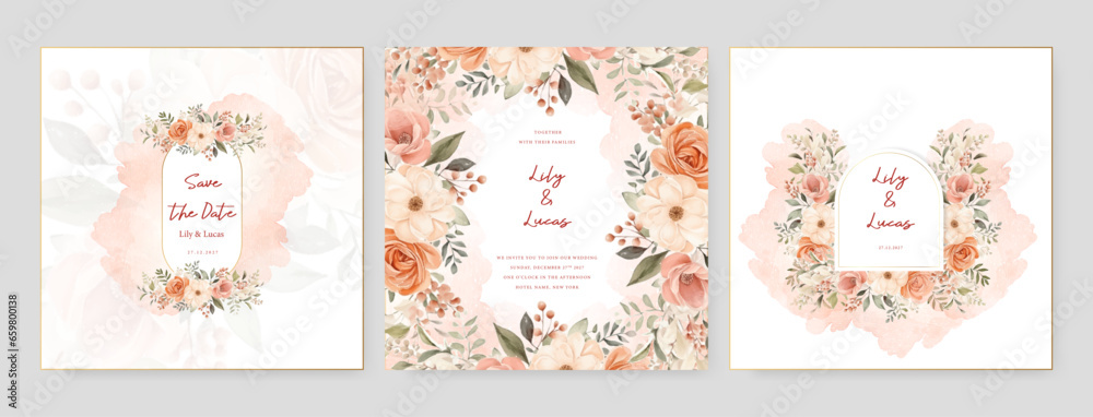 Orange and beige rose and poppy wedding invitation card template with flower and floral watercolor texture vector