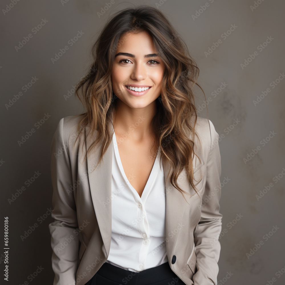 Young business woman posing isolated over grey wall background, ai technology Young business woman posing isolated over grey wall background, ai technology