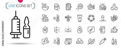 Pack of Sun protection, Sunscreen and Stress line icons. Include Vegetables, Cardio calendar, Veins pictogram icons. Basketball, Medical vaccination, Weather thermometer signs. Vector