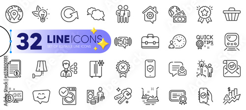 Outline set of Portfolio, 5g wifi and Refrigerator line icons for web with Phone protection, Smile chat, Global business thin icon. Pin, Survey, Messenger pictogram icon. Ranking star. Vector