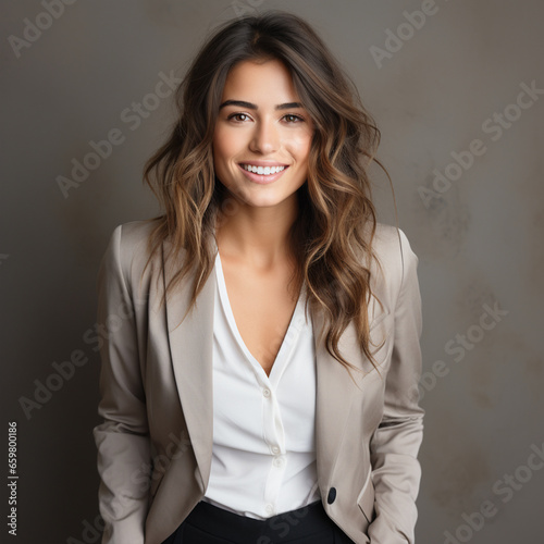 Young business woman posing isolated over grey wall background, ai technology