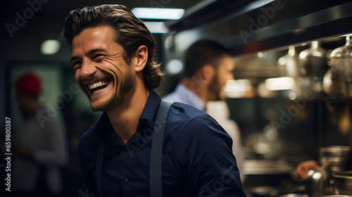 A candid photo of a man laughing in te kitchen