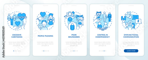 2D icons representing codependent relationship mobile app screen set. Walkthrough 5 steps blue graphic instructions with thin line icons concept, UI, UX, GUI template. photo