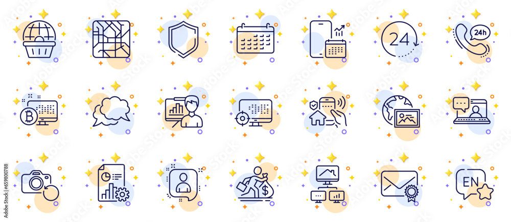 Outline set of Phone calendar, Shield and Friends chat line icons for web app. Include 24h service, Recovery photo, Presentation board pictogram icons. Work home, Web photo, 24 hours signs. Vector Outline set of Phone calendar, Shield and Friends chat line icons for web app. Include 24h service, Recovery photo, Presentation board pictogram icons. Work home, Web photo, 24 hours signs. Vector