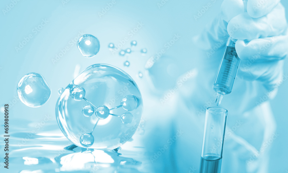 Skin care cosmetics solution. Molecule inside Liquid Bubble on water background, 3d illustration Skin care cosmetics solution. Molecule inside Liquid Bubble on water background, 3d illustration