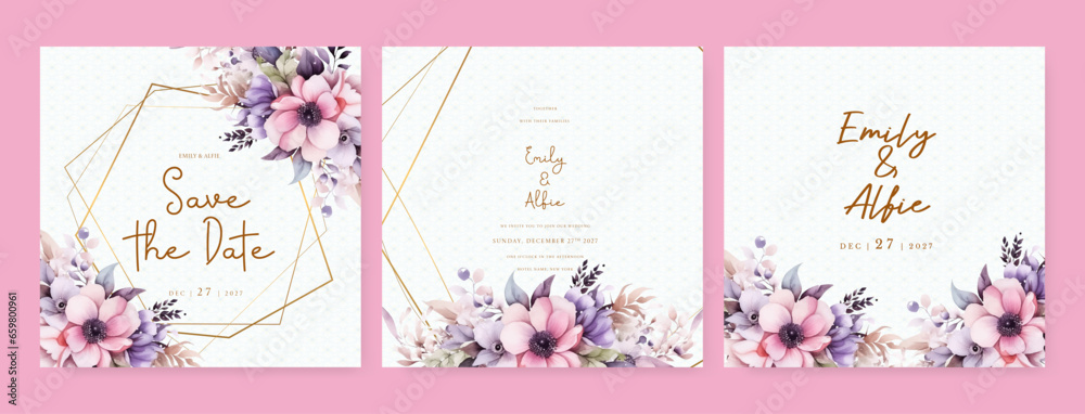 Pink and purple violet poppy and peony luxury wedding invitation with golden line art flower and botanical leaves, shapes, watercolor