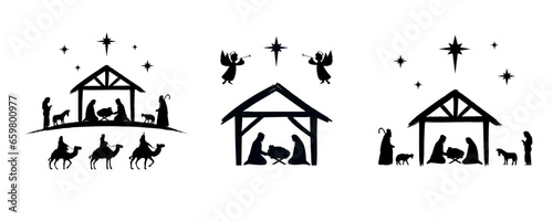 Set of holy Christmas scene, christian Nativity silhouettes. Joseph, Mary and Jesus in manger. The birth of Christ, Holy night vector illustration