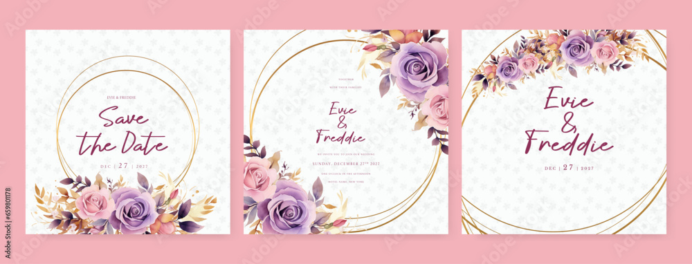 Pink and purple violet rose wedding invitation card template with flower and floral watercolor texture vector