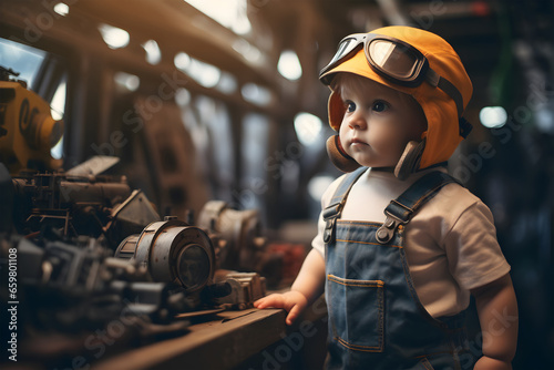  cute little boy eagerly plays the role of a mechanic while wearing safety goggles.  photo