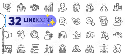 Outline set of Mindfulness stress, Group and Teamwork line icons for web with Face protection, Dont touch, Salary thin icon. Engineer, Buyer, Family questions pictogram icon. Star rating. Vector