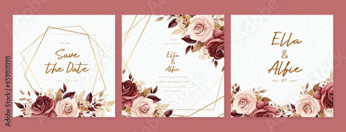 Red and beige rose luxury wedding invitation with golden line art flower and botanical leaves, shapes, watercolor