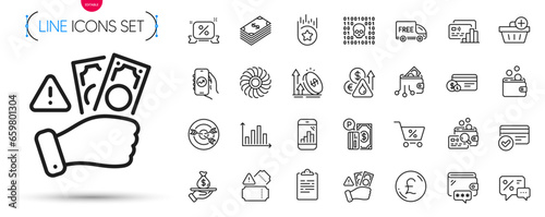 Pack of Targeting, Fan engine and Pound money line icons. Include Discounts ribbon, Fraud, Clipboard pictogram icons. Financial app, Digital wallet, Wallet signs. Payment method. Vector