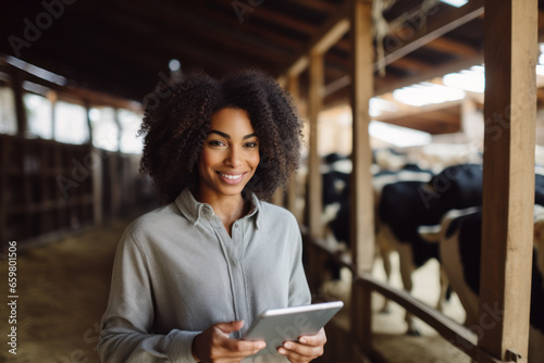 Smiling woman with tablet stands in barn with cows photo