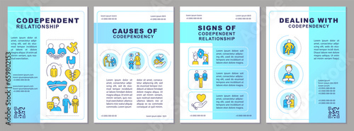 2D codependent relationship blue brochure template, leaflet design with thin line icons, 4 vector layouts.