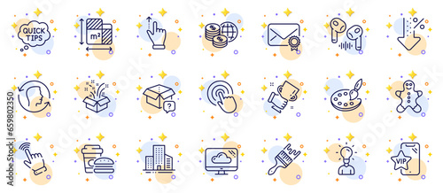 Outline set of World money, Winner cup and Palette line icons for web app. Include Floor plan, Gift, Touchscreen gesture pictogram icons. Cloud storage, Click, Buildings signs. Vector