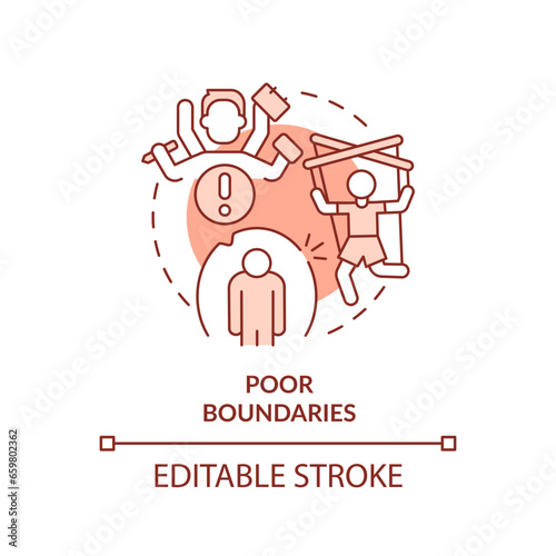 2D editable thin line icon poor boundaries concept, monochromatic isolated vector, red illustration representing codependent relationship.