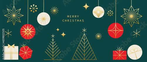Luxury christmas and happy new year concept background vector. Elegant gradient white hanging bauble balls, gold snowflake, pine on dark green background. Design for wallpaper, card, cover, poster.