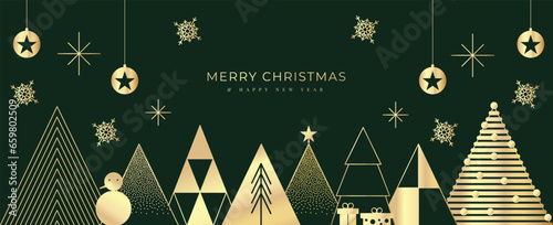 Luxury christmas and happy new year concept background vector. Elegant gradient white hanging bauble balls, gold snowflake, pine on dark green background. Design for wallpaper, card, cover, poster.