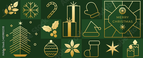 Luxury christmas and happy new year concept background vector. Decorative elements of bauble, tree, gift, hat, candy cane. Design for banner, card, cover, poster, advertising.wallpaper, packaging.