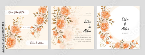 Orange rose artistic wedding invitation card template set with flower decorations