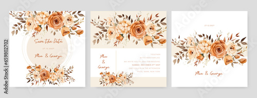 Orange and beige rose set of wedding invitation template with shapes and flower floral border