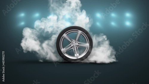 This stock motion graphics of spinning car tire peeling out with swirling clouds of smoke blue light walls.