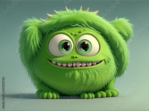 Cute green furry monster 3D cartoon character. Ai Generative