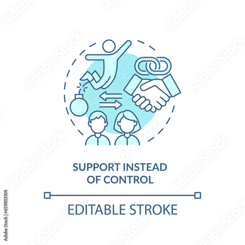 2D editable thin line icon support instead of control concept, monochromatic isolated vector, blue illustration representing codependent relationship.