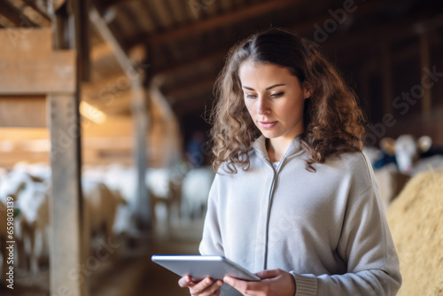 Portrait of young female farmer using digital tablet in cowshed at farm photo