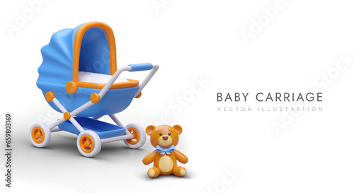 Realistic blue baby carriage, cute toy bear with bow. Color banner for store of children goods. Online advertising template in social networks. Place for text, store name
