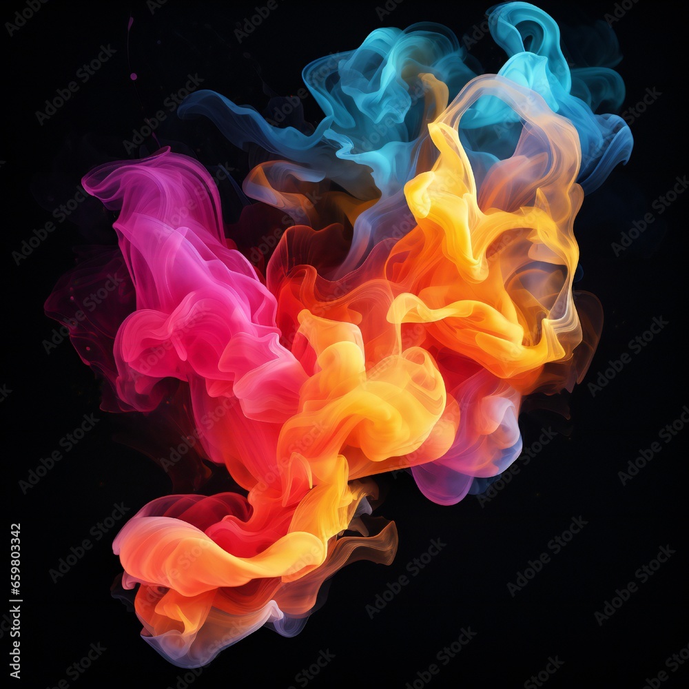 Fototapeta premium Colorful chimney smoke, top down, black background Generative AI