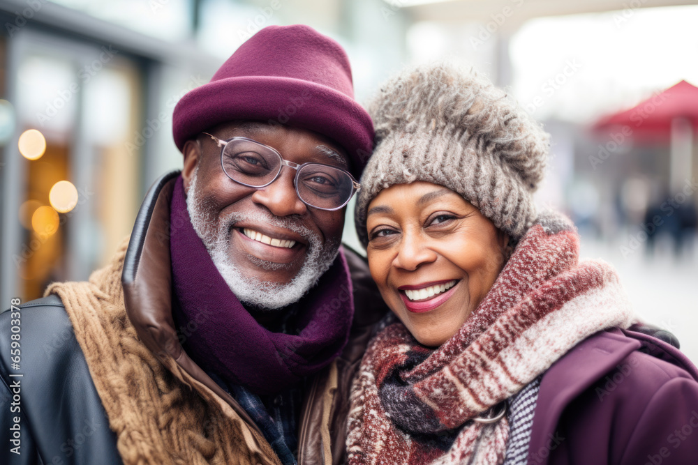 Happy african american couple in winter clothes looking at camera in city