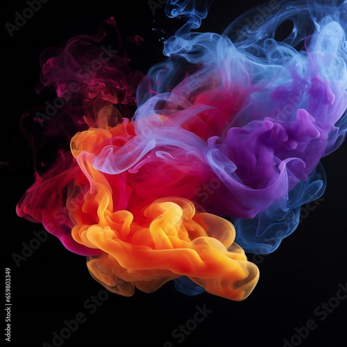 Colorful chimney smoke, top down, black background Generative AI